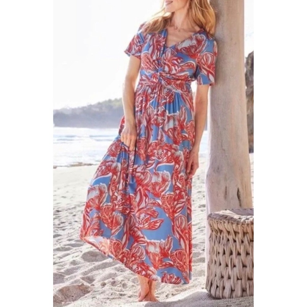 Soft Surroundings 5FW62 Floral Twist Front Maxi Dress Blue Red Plus Size 3X Boho